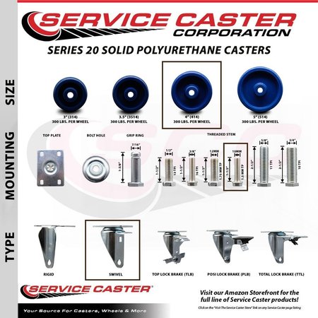 Service Caster 4 Inch Solid Polyurethane 10 MM Threaded Stem Caster Set 2 Brakes SCC SCC-TS20S414-SPUS-M1015-2-PLB-2